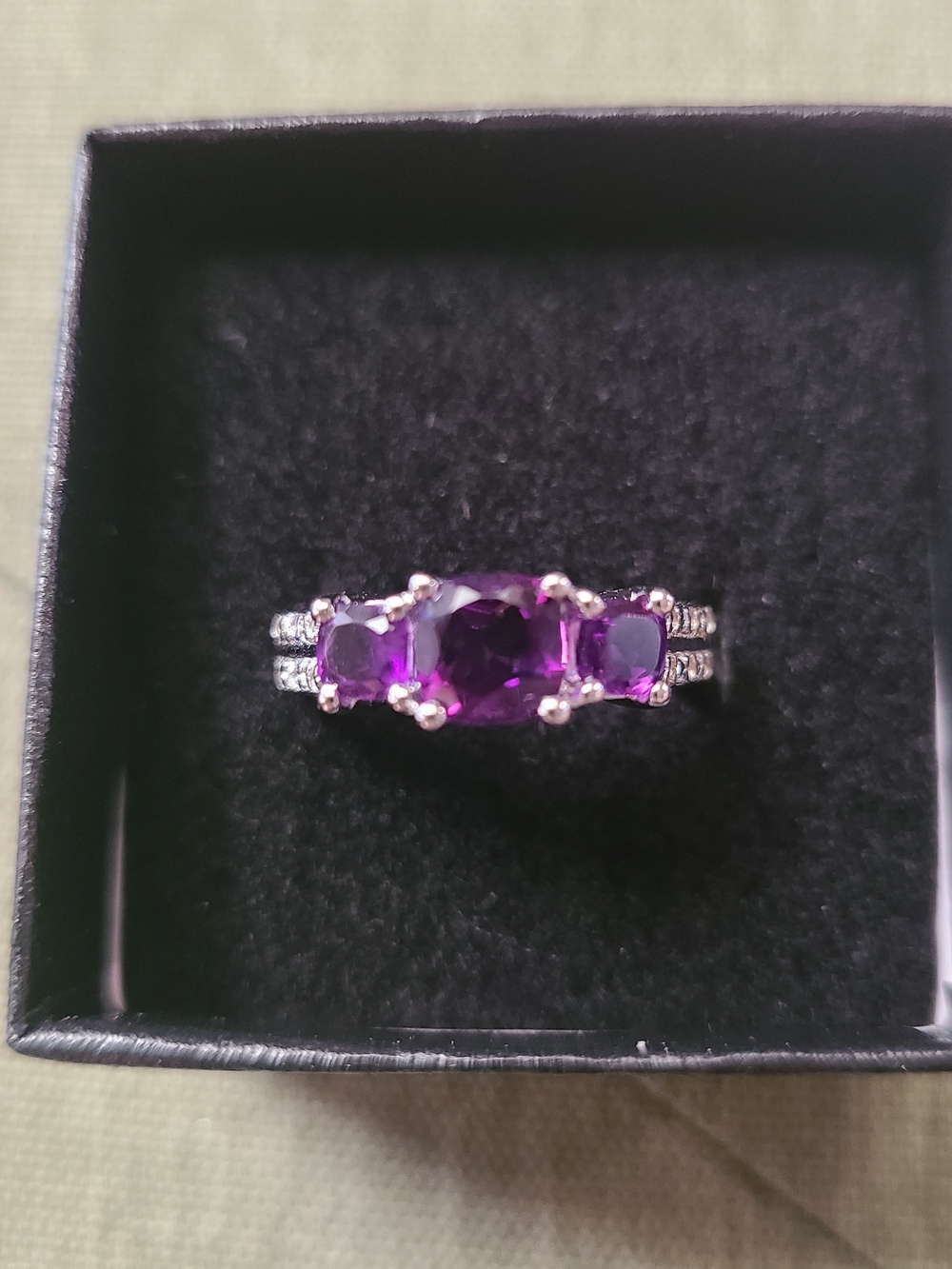 Amethyst Three-Stone Sterling Ring - Purple
